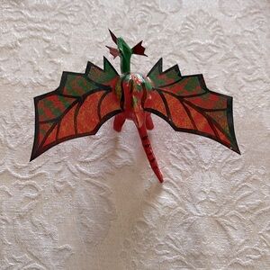 Handmade Mexican Wooden Orange Flying Dinosaur Dragon with wings